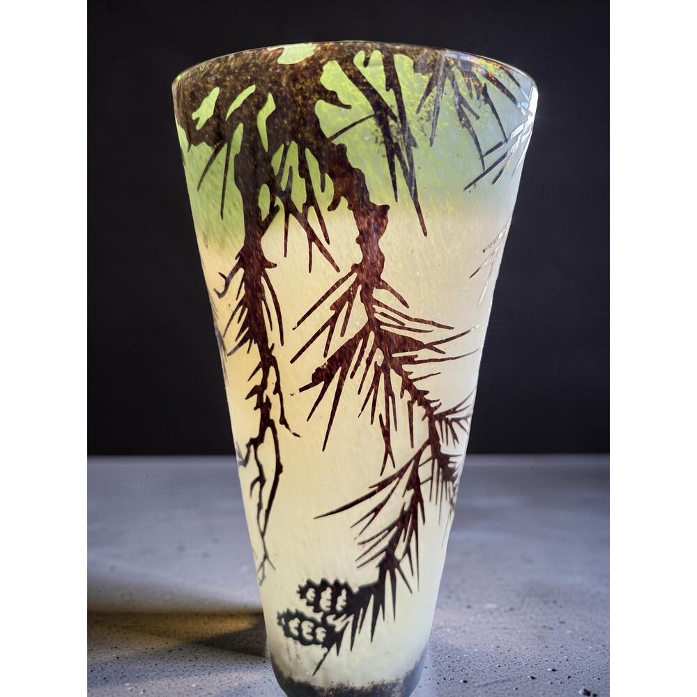 Vintage Art Glass Pine Branch Pinecone Vase 12” Schneider Le Verre Français Styl